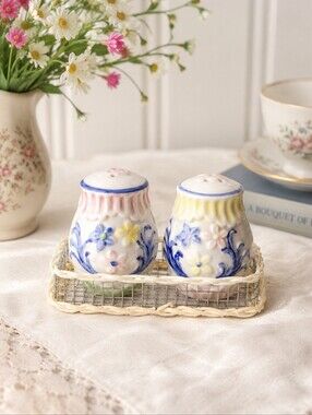 Vintage NEW Floral Ceramic Salt & Pepper Shaker Set Sealed In Original Packaging
